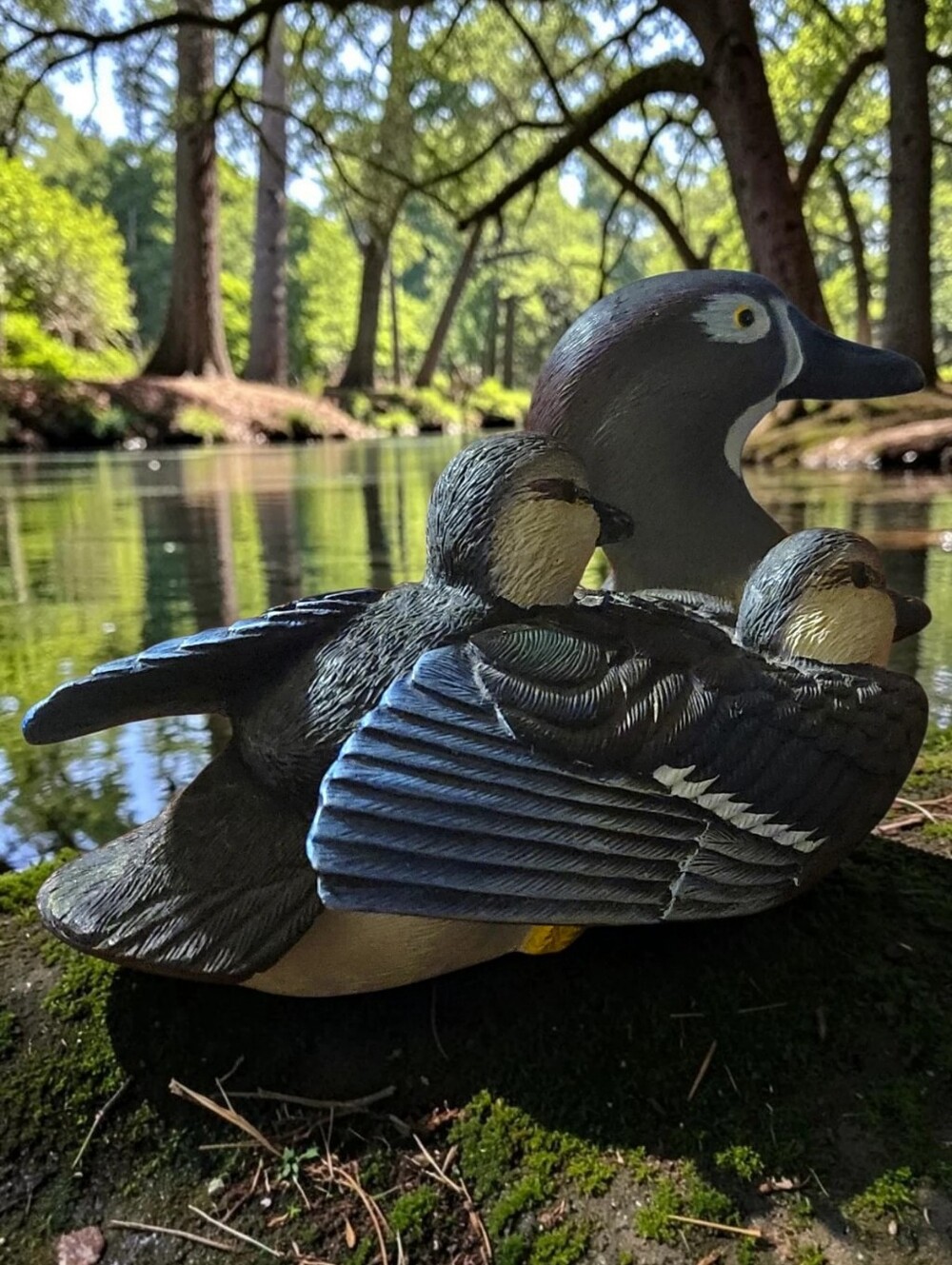 Vintage Wood Duck Hen W/Chicks Hand-painted Sculpture, Glass Eyes, JB Garton